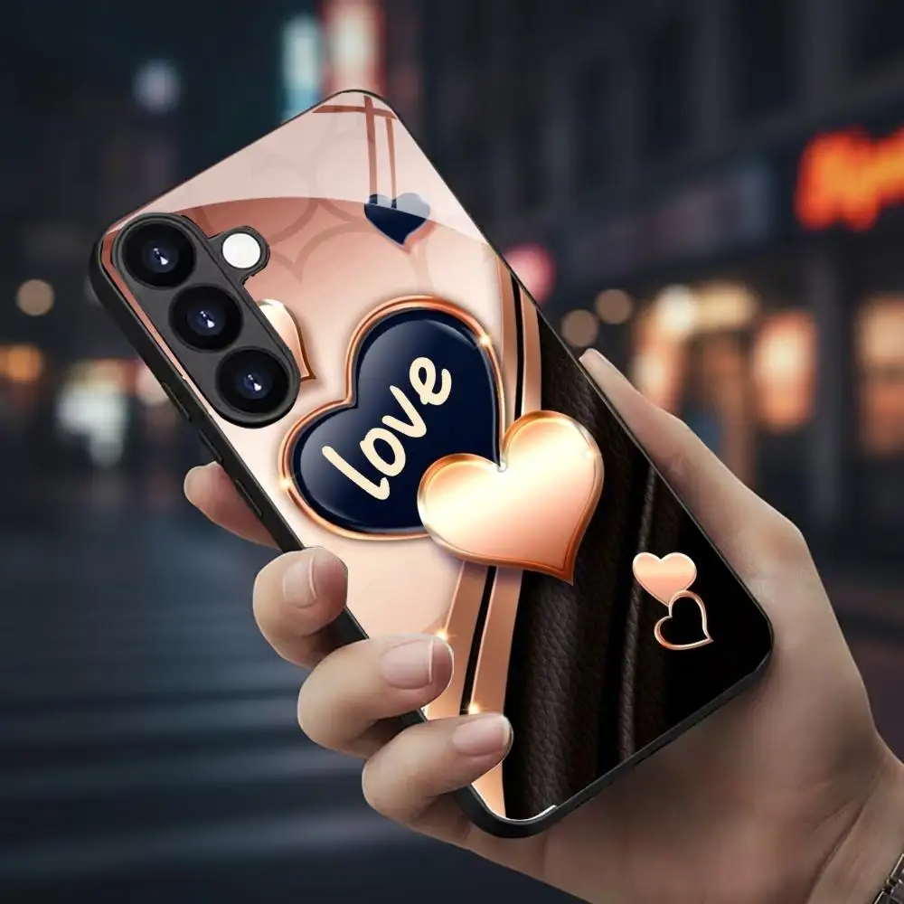 "Love" Tempered Glass Phone Case For Samsung Galaxy S26 S25 Ultra Plus FE Shockproof Cover soft edge Full Coverage Phone Shell