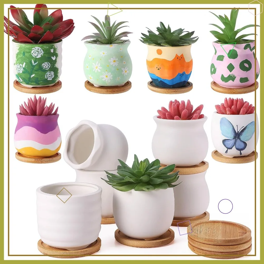 

18 Pcs 3.5" Mini Succulent Pots with Bamboo Tray, White Ceramic DIY Planters for Cactus, Drainage Hole