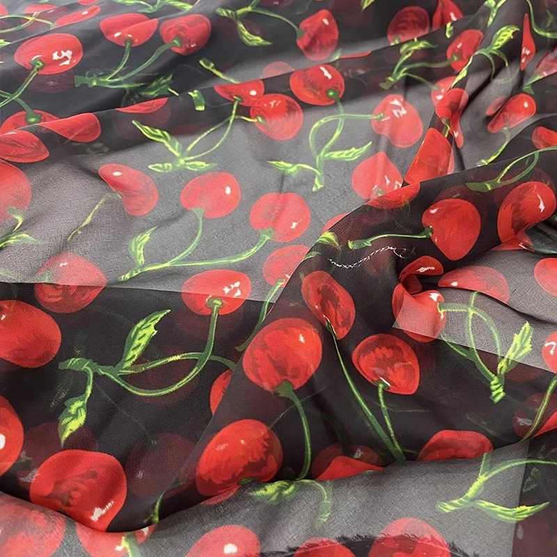 Fashion Silk Chiffon Mulberry Silk Flower Fabric Luxury Cherry Pattern Brilliant Bright Women Wear High Quality Designer Fabrics