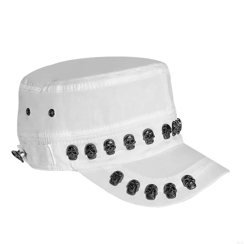 Skull Accent Flat-Top Cap with Closed Flat Profile, Front Bill, Side Metal Eyelets, and Rear Clasp Strap Detail Unisex Y08E