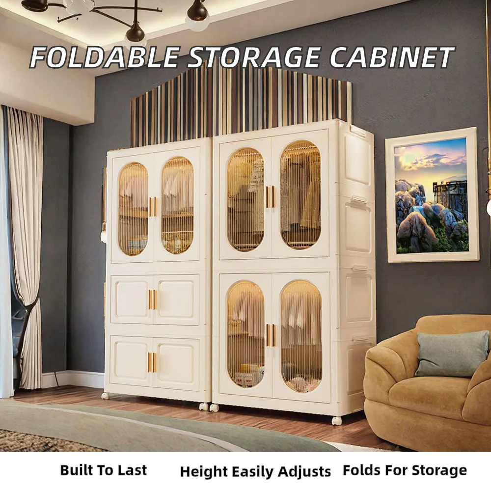 Adjustable Height Modern Plastic Children's Wardrobe With Wheels Multi-layer Foldable Locker