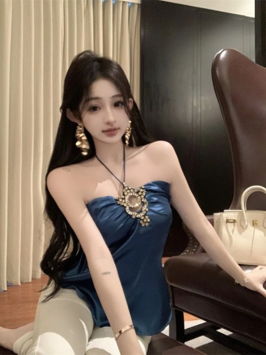 

Womens Elegant Socialite Style Rhinestone Halter Tube Top Summer New Peacock Blue Sleeveless Camisole Vest Fashion Crop Top