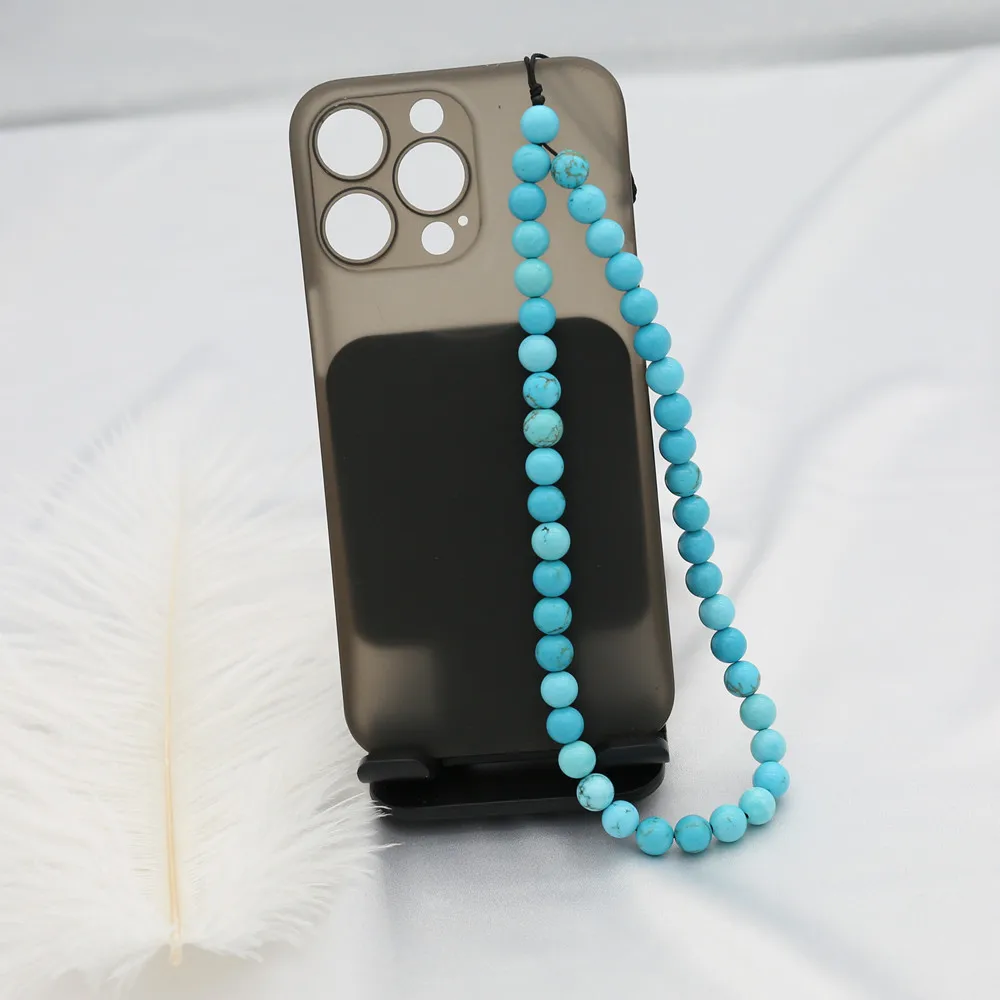 8MM Blue Turquoise Beaded Mobile Phone Chains for Women Men Telephone Charm Strap Lanyard Anti-lost Accessories