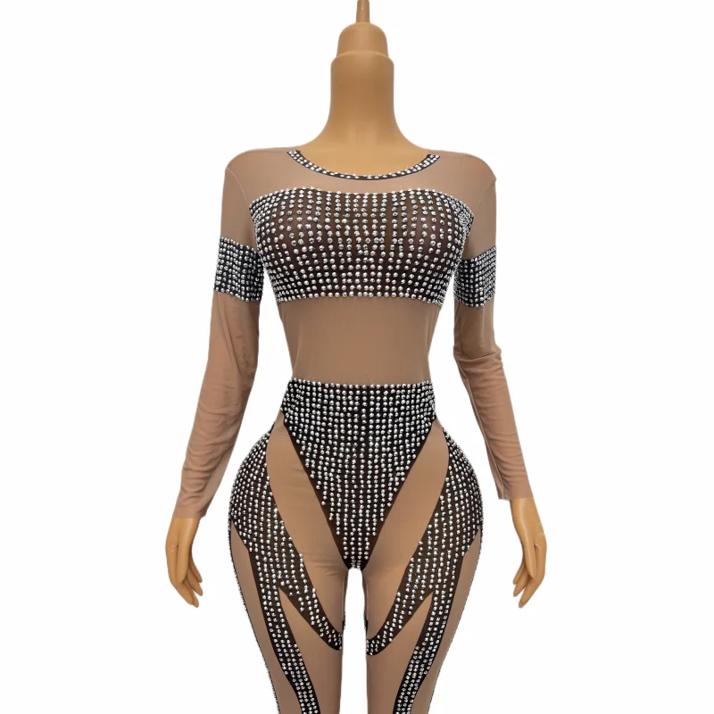 Flashing Silver Rhinestones Nude Black Stretch Jumpsuit Birthday Celebrate Costume Sexy Dance Long Sleeves Bodysuit youhuo