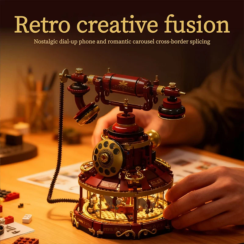 Technical MOC Retro Rotary Dial Telephone Rotating Carousel Building Blocks Vintage Classic Decoration Bricks MOC Toy Adult Gift