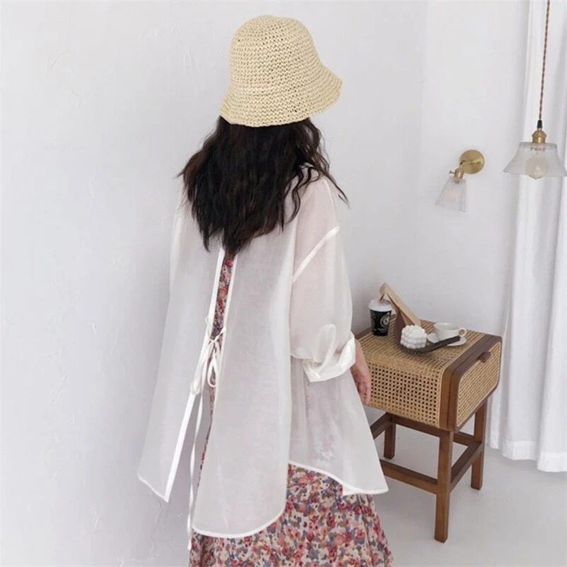 Summer Korean Fashion Button Up Thin Shirt Vintage Loose Blouse Women Long Sleeves Back Slit Chic Shirts Female High Street Tops
