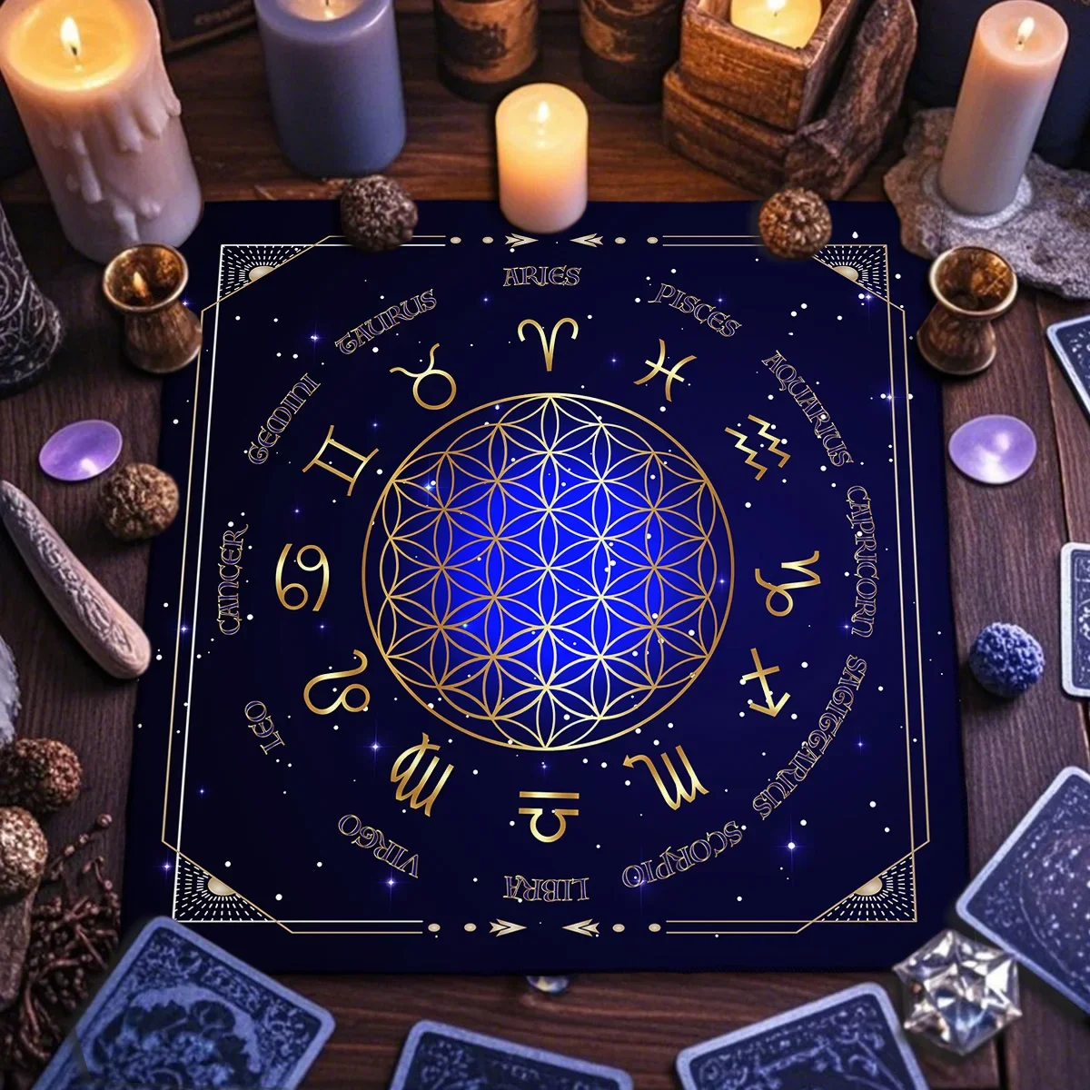 Flower Of Life Altar Cloth Tarot Tablecloth Starry Sky 12 Constellations Divination Cloth Witchcraft Astrology Tarot Mat Decor