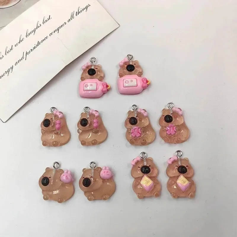 10Pcs Kawaii Pink Flower Design Resin Capybara Charms, Cute Simulated Pendants Findings For DIY Earrings Keychains Jewelry