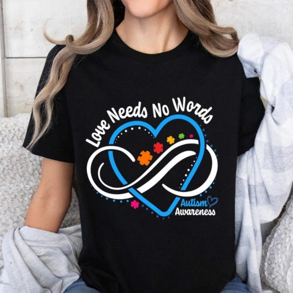 Amor precisa de palavras camiseta autismo mãe camiseta conscientização do autismo camisa do orgulho autista t feminino vida diária casual algodão topos