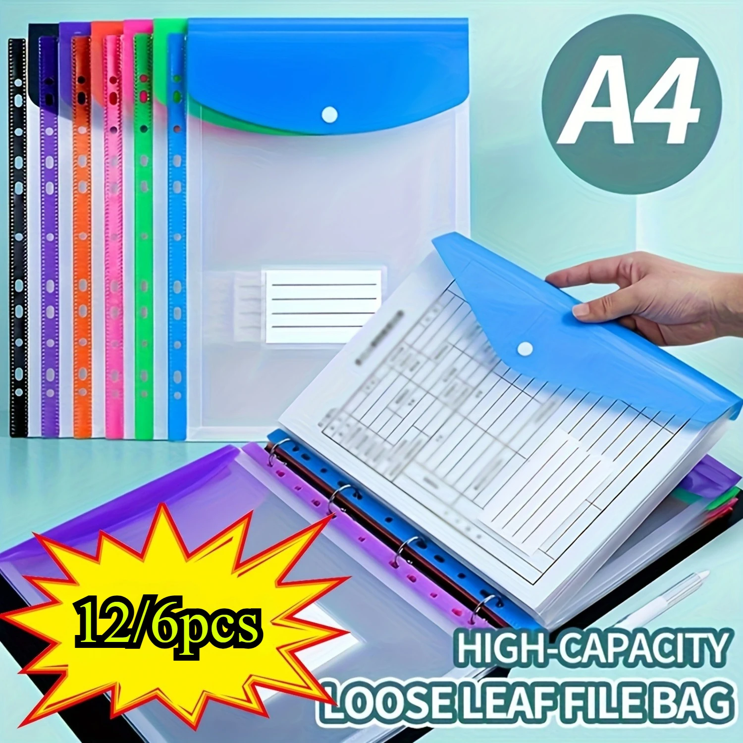 12/6pcs A4 Expanding File Folders with Push-Button 11-Ring Binder Pockets-Binder Organizers for School,Office,Home Organization