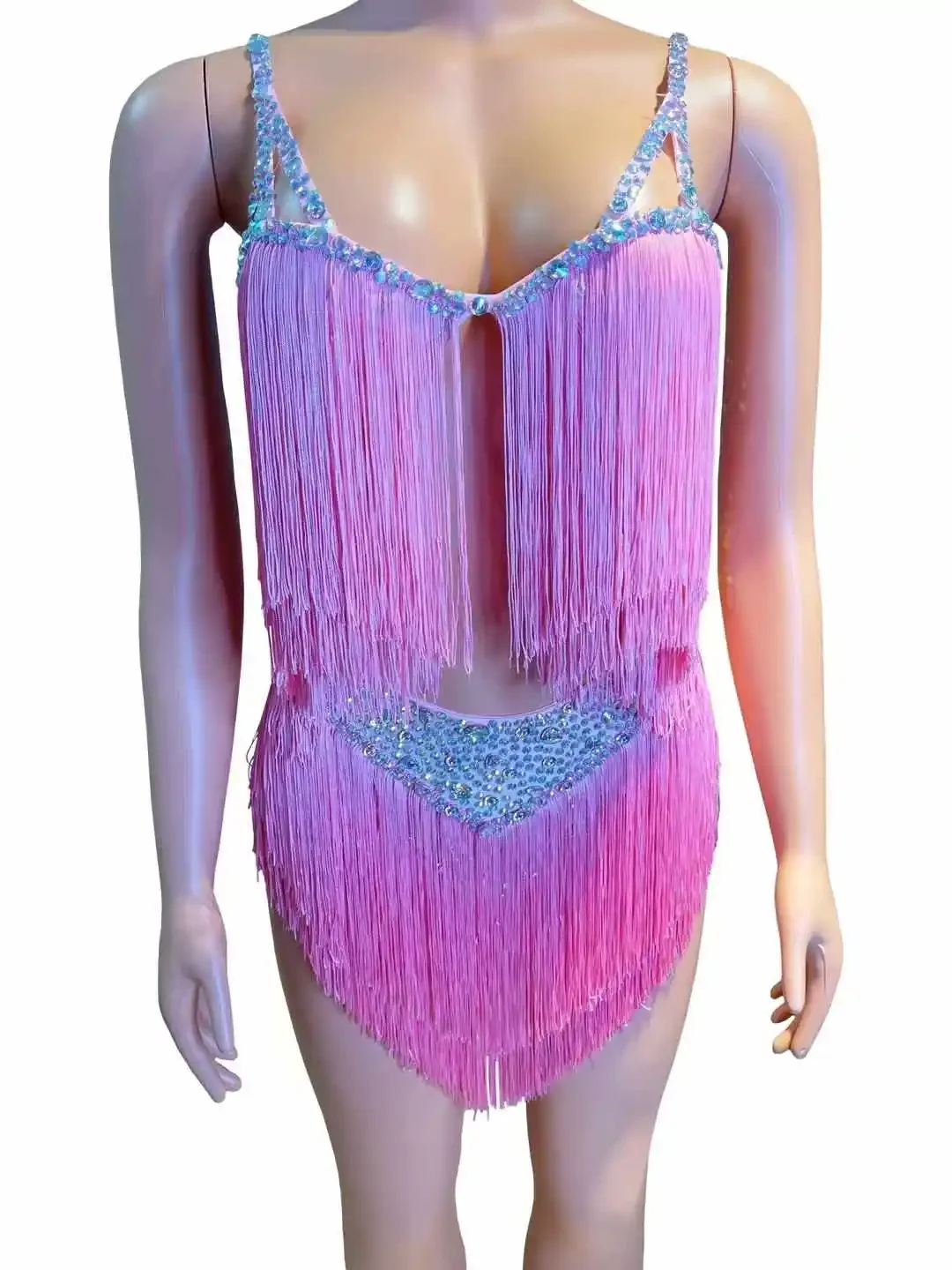 Sexy Fringe Outfit Voor Vrouwen Backless Mouwloze Verjaardag Koningin Jurk Strass Zanger Danser Kostuum Ballroom Party Club