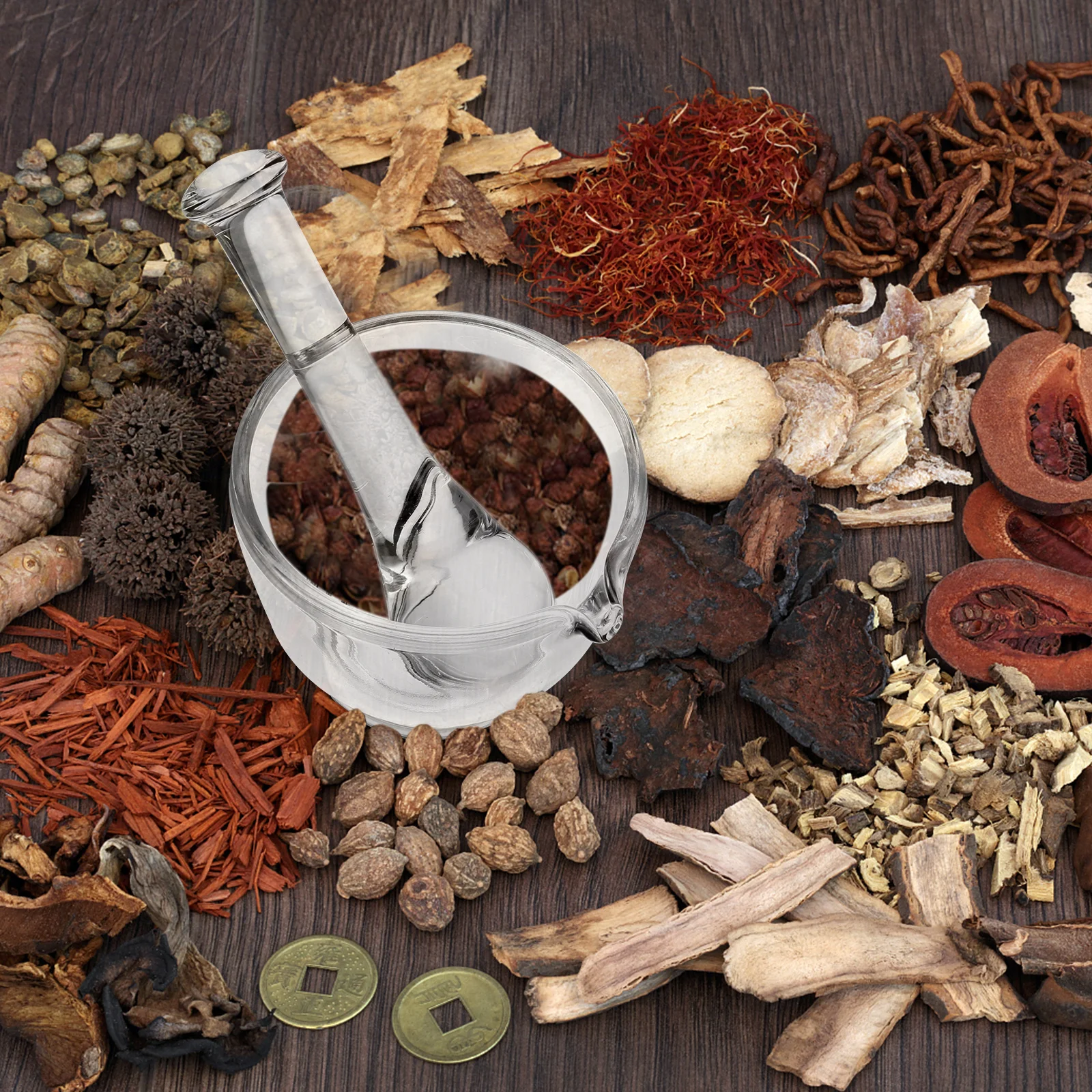 

1Set Professional Clear Glass Mortar with Pestle Spice Crusher Smooth Edges Quick Rinse Exquisite Workmanship Grind Bowl