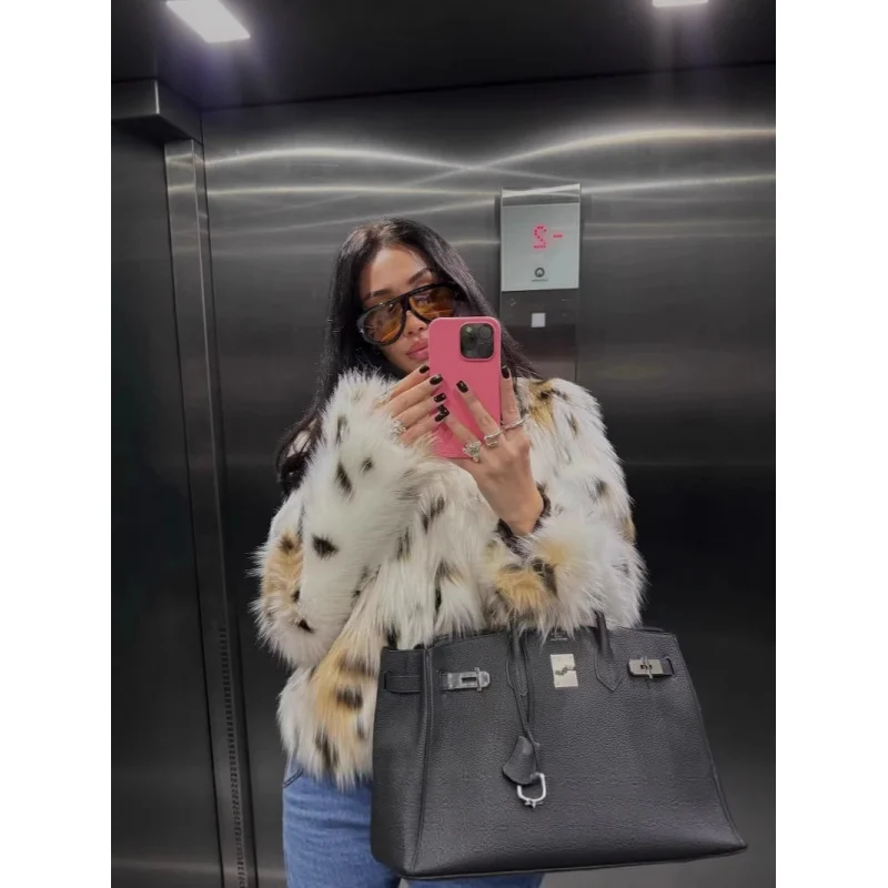Women's Short Jacket Coat Leopard Pattern Eco-Friendly Synthetic Fur Fox Fur Autumn Winter Warm Fashionable Outerwear
