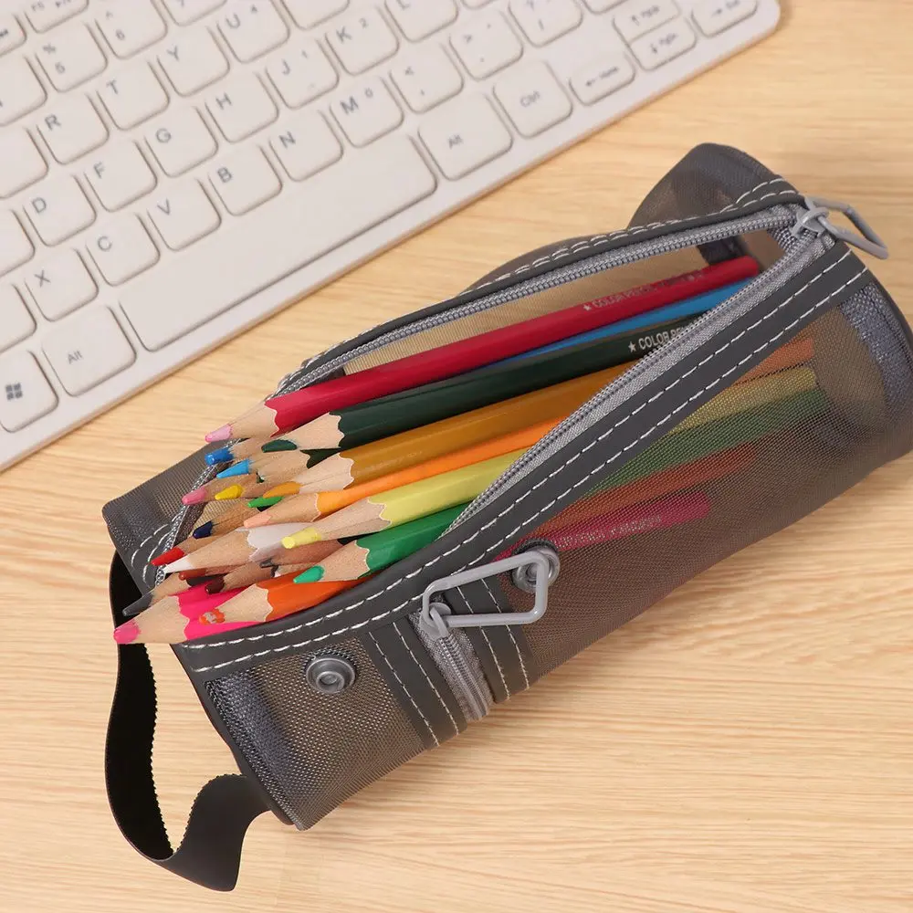 Sac de rangement Simple pour pinceaux de maquillage, sac porte-stylo en maille verticale Portable, organisateur de rangement de papeterie à fermeture éclair debout