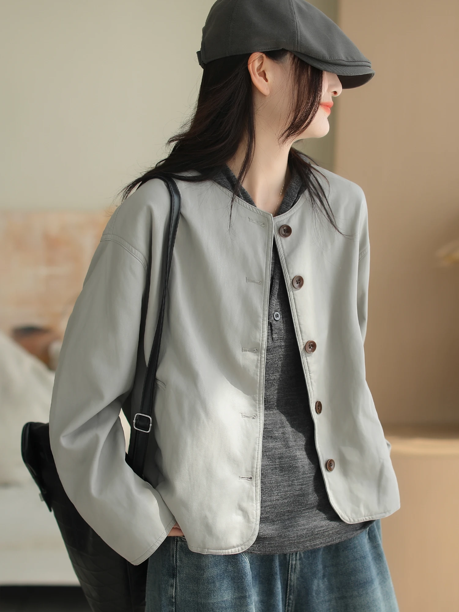 Cyu 秋のファッション PU レザーコート ラウンドネック スリミング レディース トップス カジュアル スタイル ルーズフィット 長袖 コットンブレンド