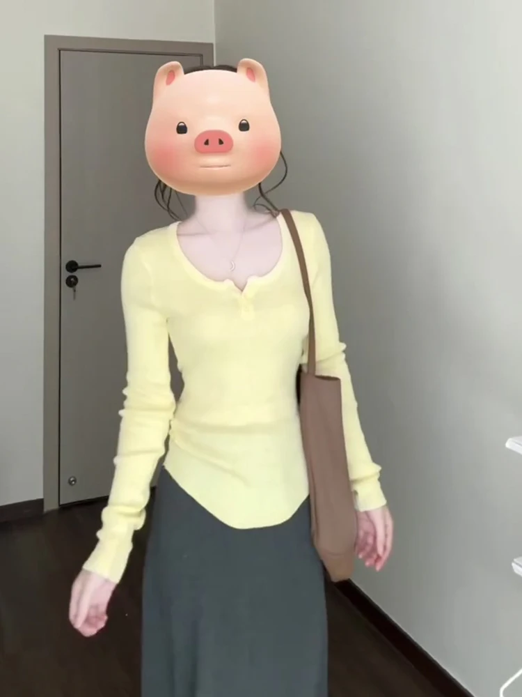 

Осенний тонкий корейский трикотаж с V-образным вырезом, желтое золото, длина до плеч, осенний тонкий топ Pure Desire Sle Base Top для женщин