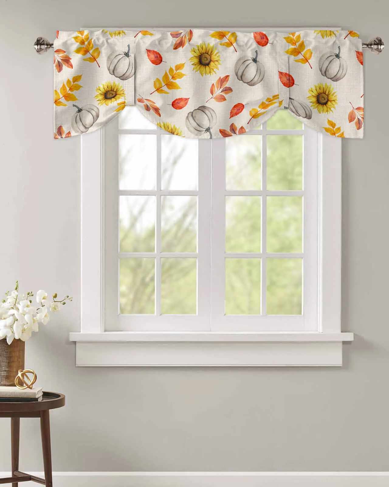 Autumn Sunflower Pumpkin Country Style Short Window Curtain Adjustable Tie Up Valance for Living Room Kitchen Window Drapes