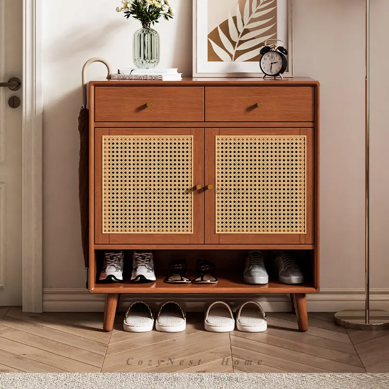 For Solid Wood Rattan Shoe Cabinet Large Capacity Modern Entryway Organizer with Doors