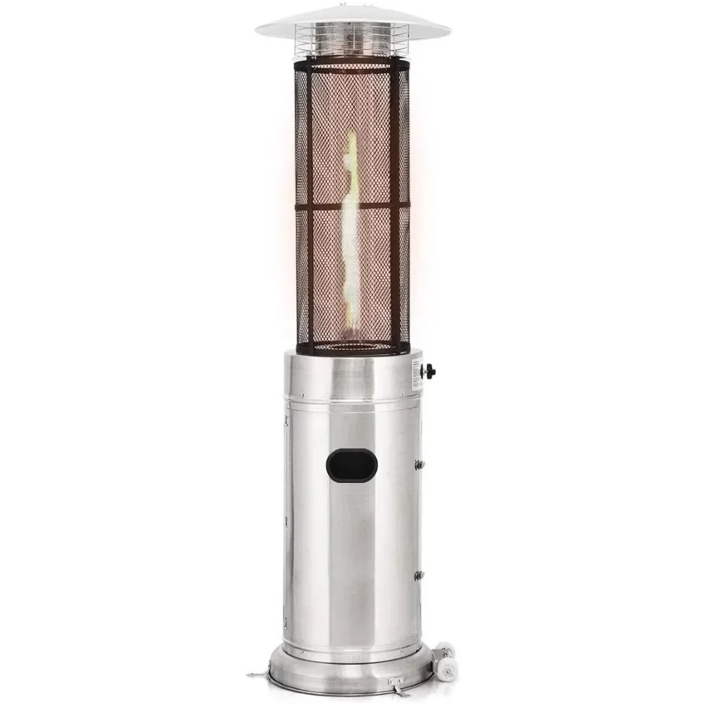 Propane Patio Heater, Floor-Standing Electric Heater w/Wheels, Dancing Flame, Quartz Glass Tube, Stainless Steel, Round Space