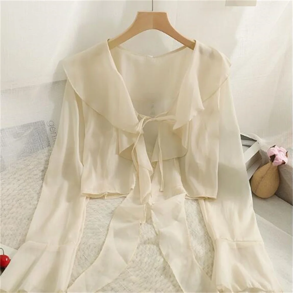 Long Sleeve Thin Breathable T-shirts Women Lace Bow Cardigan Blouse Clothing Ruffles Sun-protection Outwear Blouse For Covers