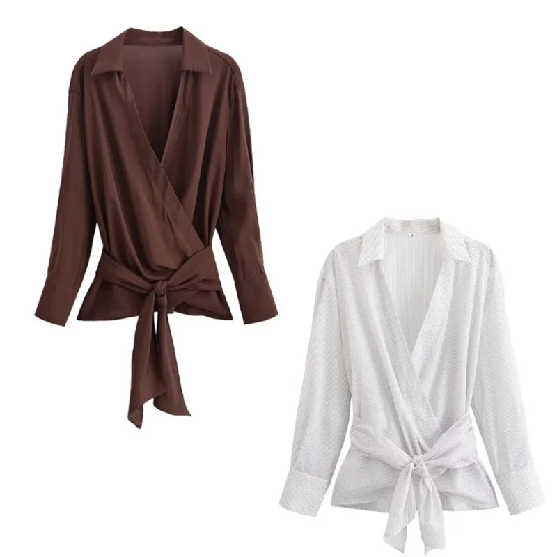 New Women Striped Waist Strap Shirt V Neck Long Sleeved Shirts Double-Breasted Adjustable Bow Tie Female Casual Shirts