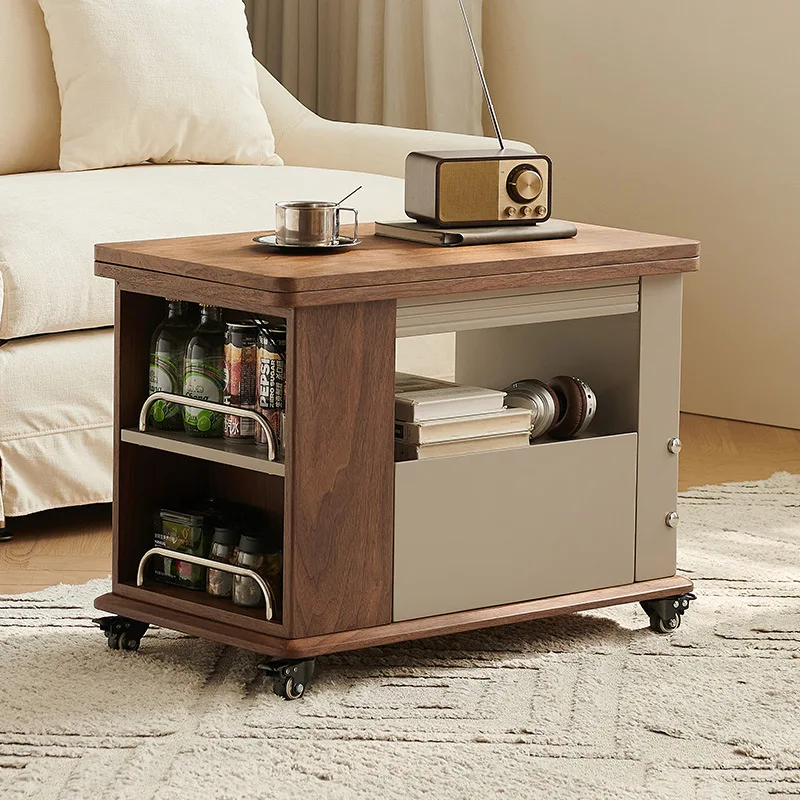 

#Light Luxury Style Foldable Movable Side Table Solid Wood Multi-Function Storage Small Coffee Table