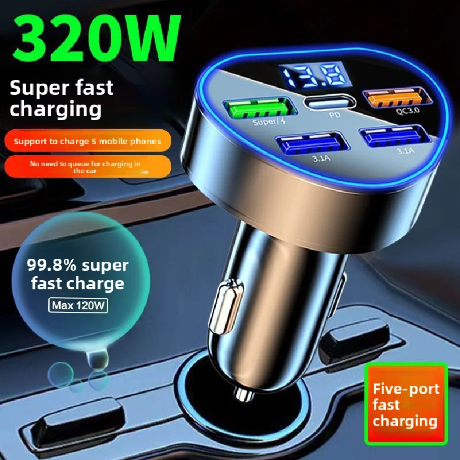 320W Car Phone Charger USB Type C Super Fast Charge in Car with LED Voltage Monitor for IPhone Samsung Huawei Oneplus Vivo Oppo