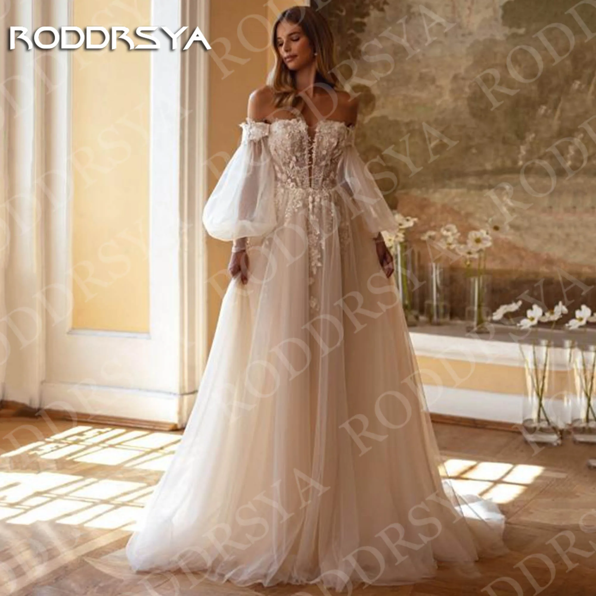 

RODDRSYA Bohemian Wedding Dresses A Line Lace Applique Tulle Elegant Off Shoulder Bridal Dress Woman Customized vestido de novia