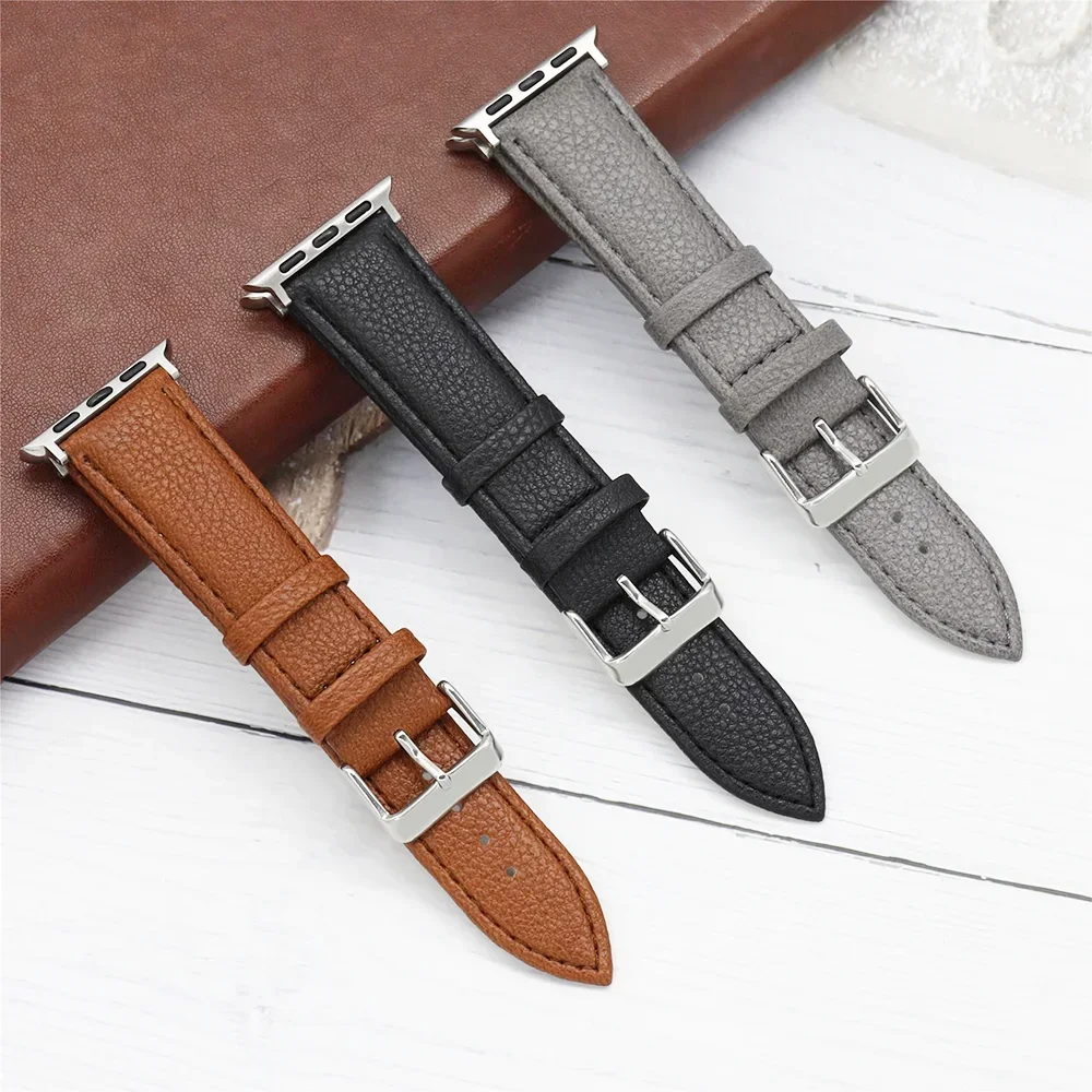 

Leather loop For Apple Watch Band ultra-8-7 49mm 44mm 40mm 41mm 42mm 38mm 45mm Lychee strap bracelet iWatch Series 7 6 5 4 3 SE