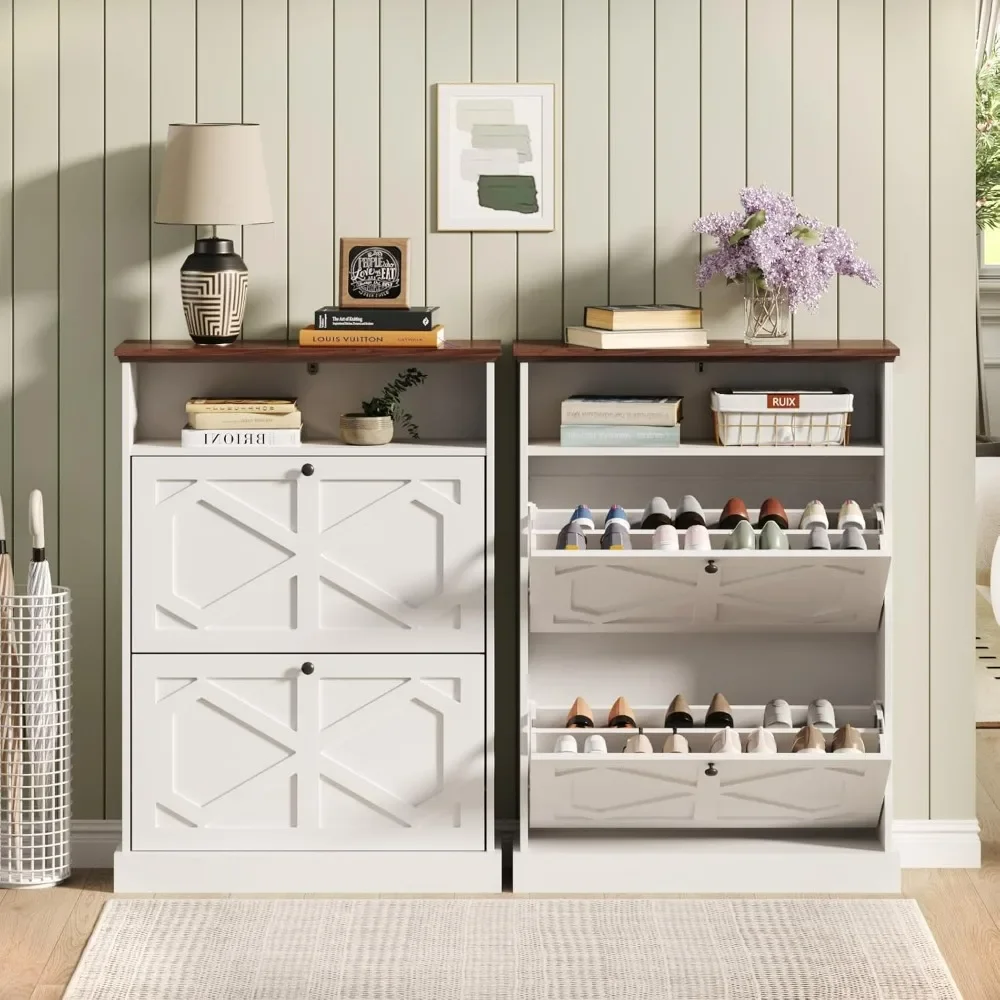 Modern independent narrow shoe rack cabinet with 2 flip drawers and open shelves for entrance, antique white color