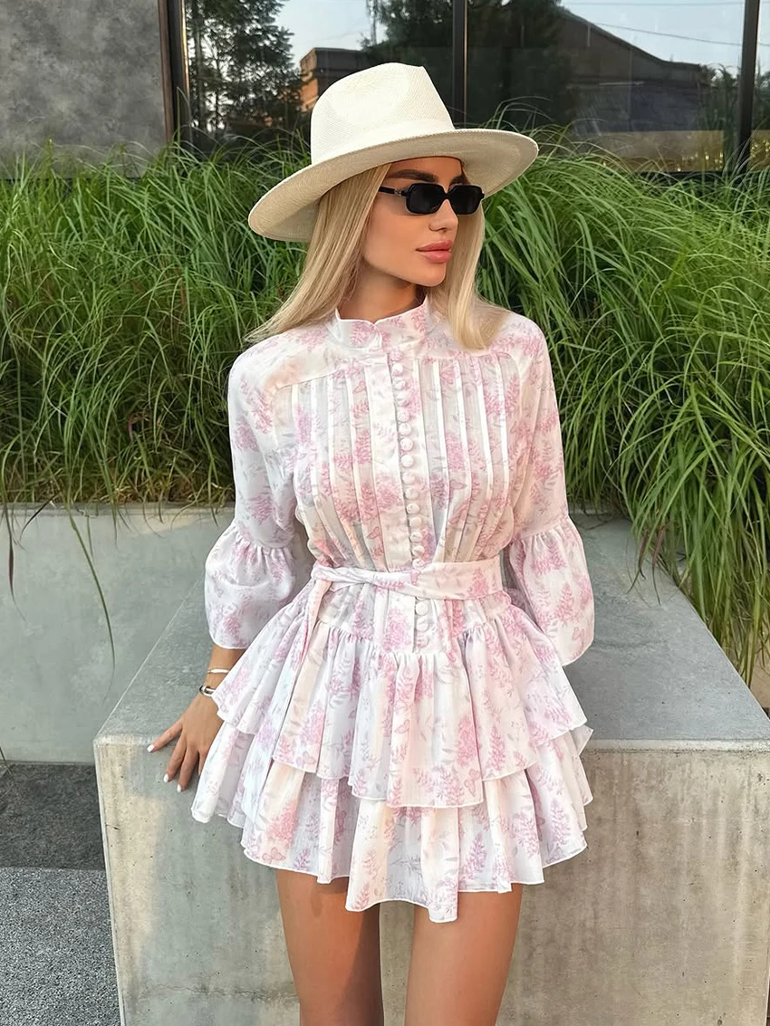 

Marthaqiqi Winter Women Sleepwear O-Neck Pajama Lace Up Nightgowns Long Sleeve Nightie Pink Mini Dress Printing Ladies Nightwear