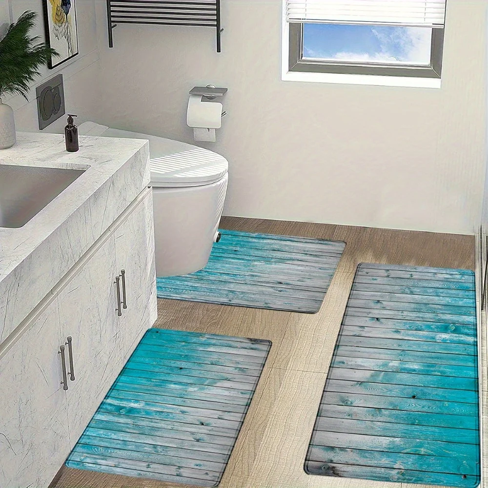 

Rustic Wood Plank Bath Mat Set 3 Pieces Blue Bathroom Rugs Vanity Mat Decor Home Decor