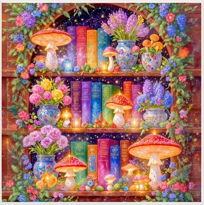 DIY Magisches Pilz-Blumen-Bücherregal Diamantmalerei, Leuchtende Bunte Vintage-Buch Sternennacht Wanddekoration Geschenk