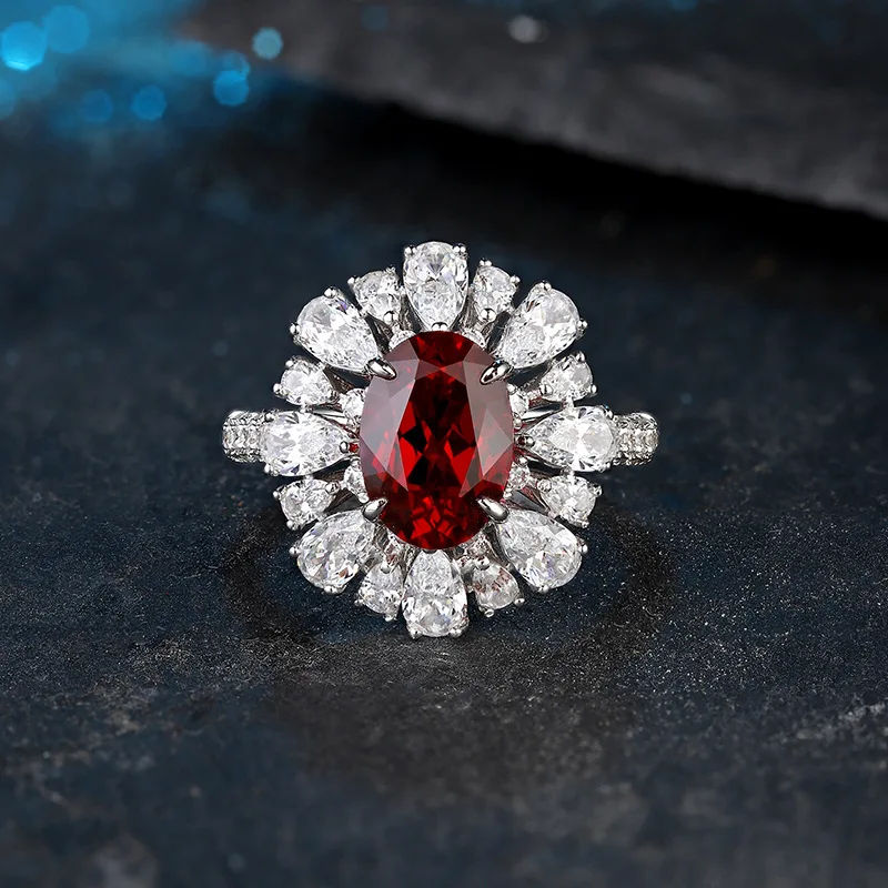 Luxury Jewelry Lab Grown Pigeon Blood Ruby 7*10MM Oval Cut AGL Certified Red Gemstones Silver Ring Women Jewelry
