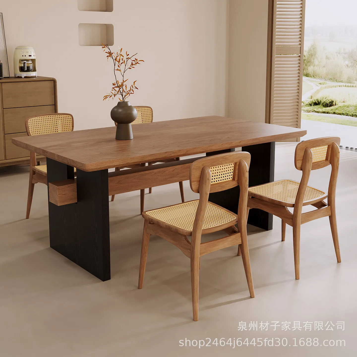 HYS medieval style all-solid wood dining table and chair combination household large board tea table wabi-sabi wind restaurant