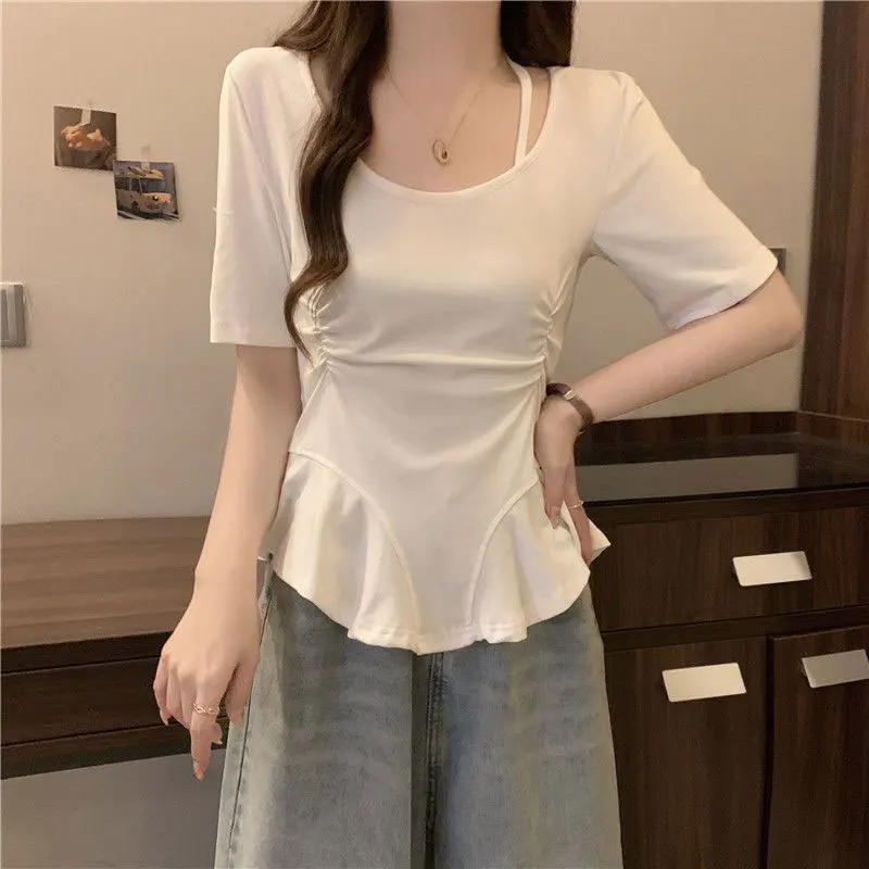 Women\'s Summer Fashion Simplicity Solid Color O-neck Short Sleeve T-Shirt Women Clothes Elegant All-match Temperament Slim Tops