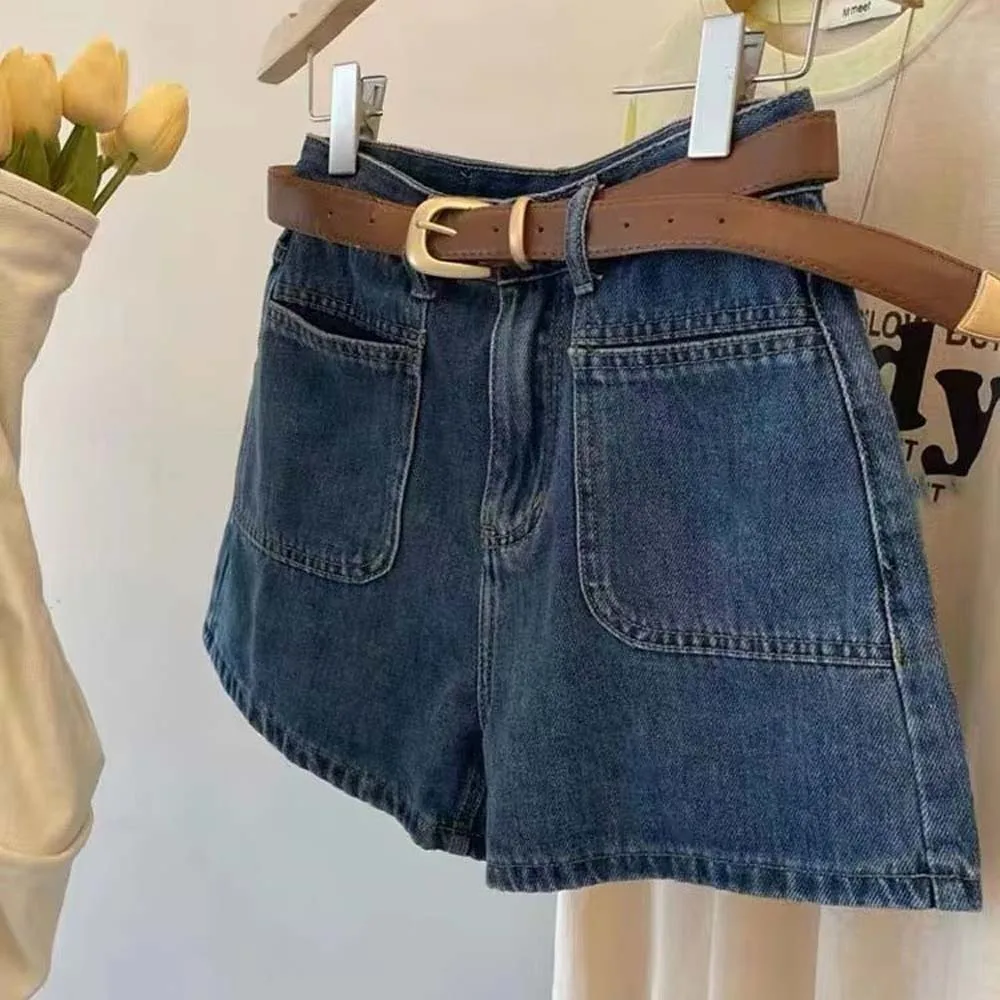 

Винтажные джинсовые шорты с двумя карманами, женские широкие базовые мешковатые синие джинсы, уличная одежда Y2K Ins, джинсовые брюки, брюки для студентов