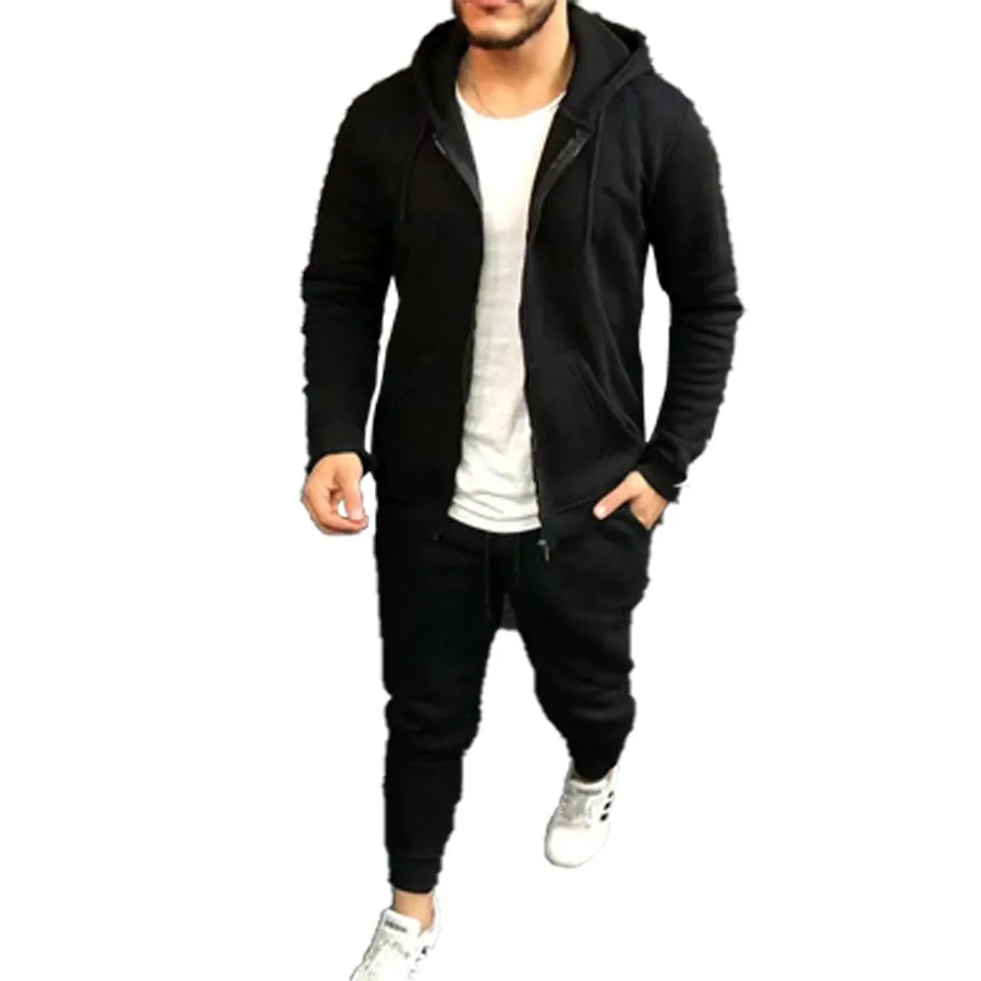 Spring Autumn Sports Mens Sets Solid Color Fashion Casual Suit Hooded Cardigan Coat and Trousers Menswear Two Piece Set