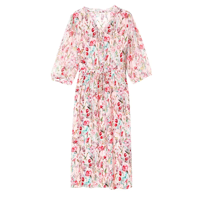 2025 damska nadruk w stylu vintage plaża elegancka suknia wieczorowa wiosenne wakacje Boho Hepburn Vestidos letnia luksusowa jedwabna sukienka Midi na co dzień