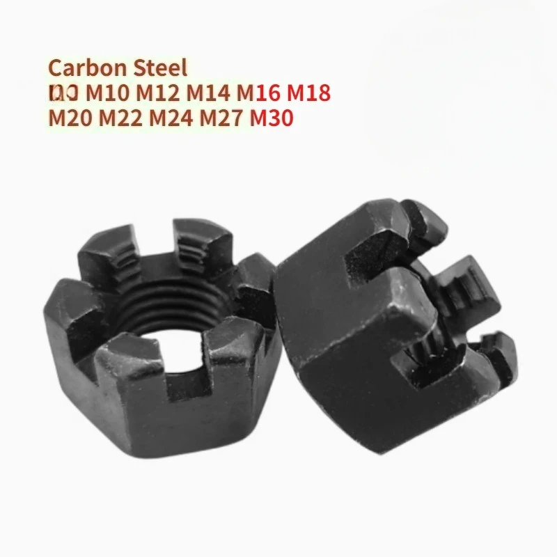

M10 M12 M14 M16 M18 M20 M22 M24 M27 M30 Grade10.9 High-strength Slotted Nut Gb6181 Black Carbon Steel Hexagonal Slotted Nut