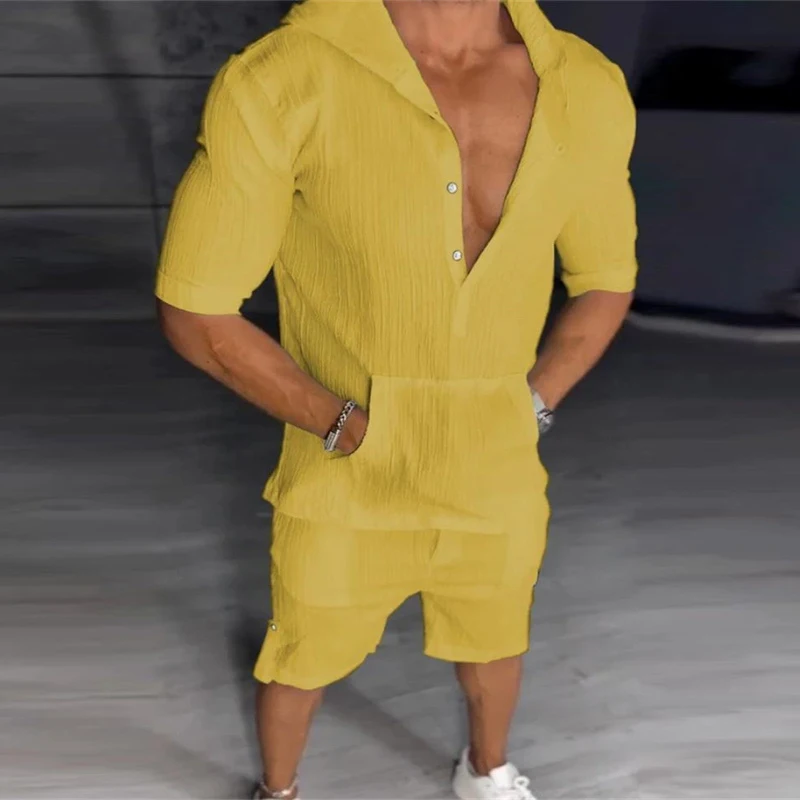 Casual Solid Color Loose Mens Two Piece Suits Summer Fashion Short Sleeve Button Hoodies And Shorts Sets Men Leisure Tracksuits