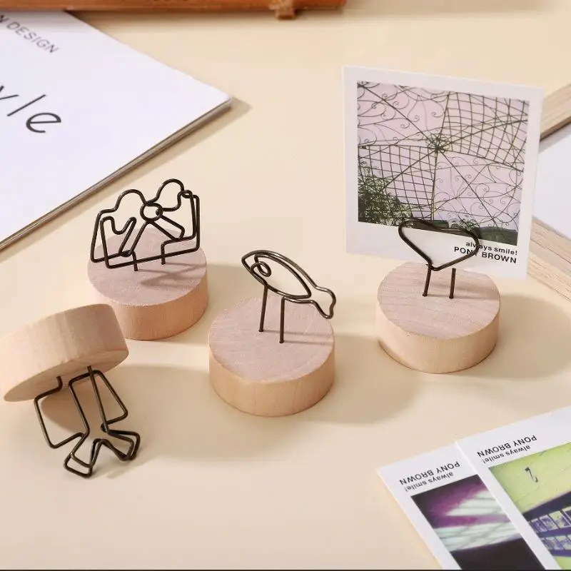 Mini Wooden Base Metal Photo Holders Creative Design Decor for Photos Notes Memos Bedroom Study Desk Ornament
