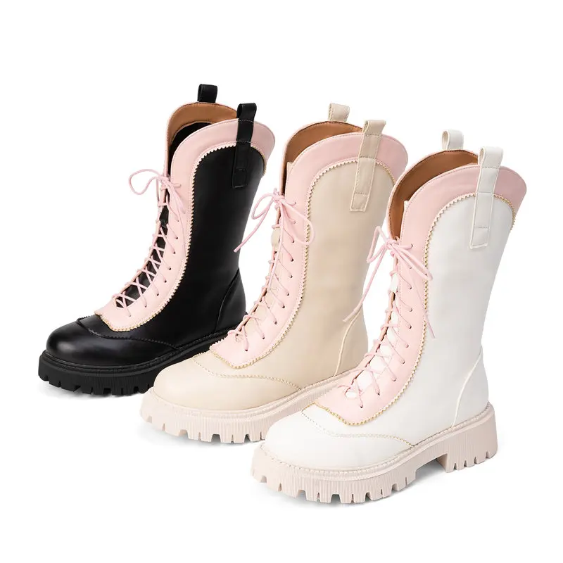 

ORCHALISA Женские сапоги до середины икры Лолита с круглым носком, толстым каблуком 3,5 см, на платформе со шнуровкой, смешанные, большие размеры 41 42 43 Sweet Daily Bota