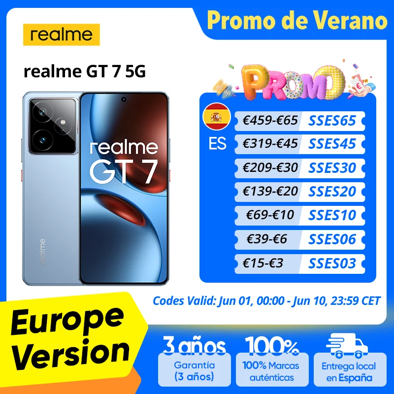 Versión para la UE del smartphone realme GT 7 5G con IA, procesador MTK Dimensity 9400e, pantalla Pro-Esports de 6000 nits, batería de 7000 mAh y carga ultrarrápida de 120 W