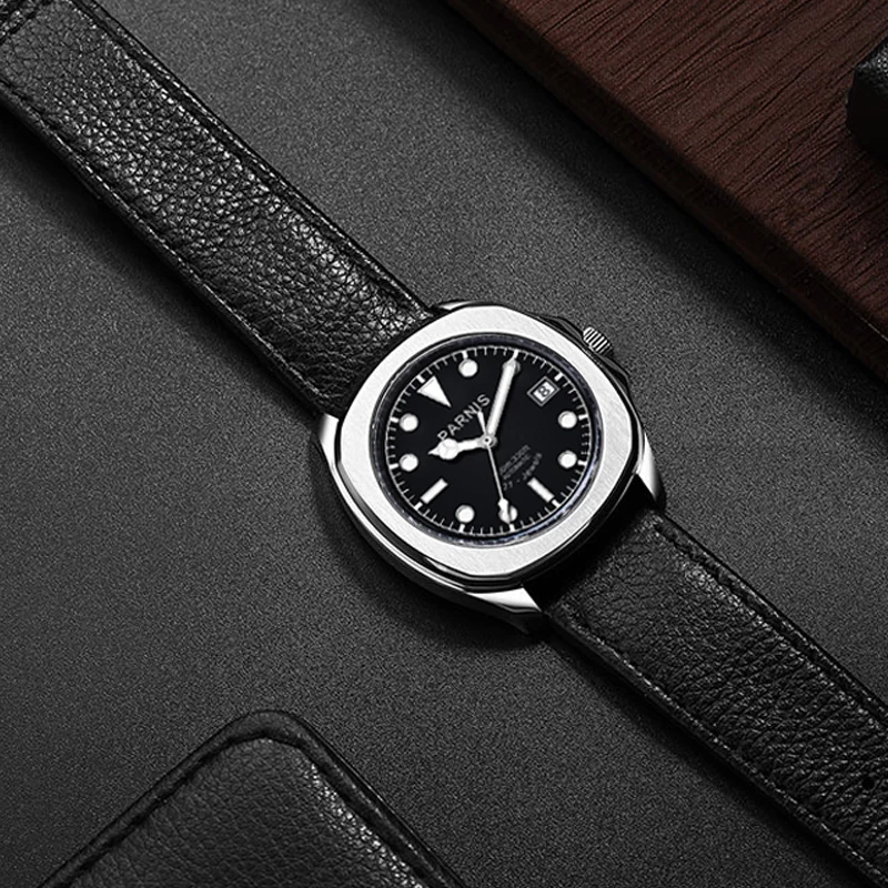 New Arrival Parnis 40mm Black Dial Automatic Mechanical Men Watch Calendar Leather Strap Sapphire Luxury Watches reloj hombre