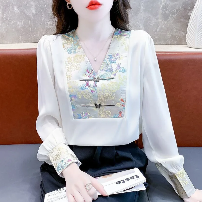 

Новая рубашка на пуговицах в китайском стиле в стиле ретро для женщин, осенний новый модный пуловер с вышивкой, топ