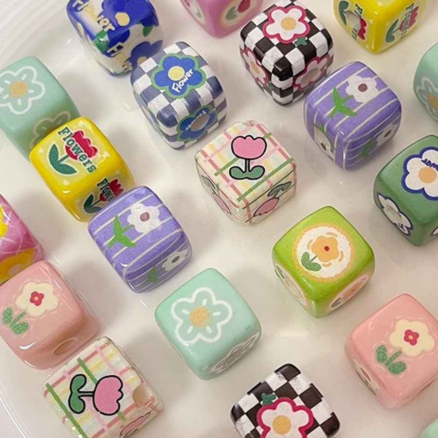6pcs DIY Handmade Mobile Phone Chain Accessory Beads Checkerboard Pattern Tulip Flower Heart Square Beads