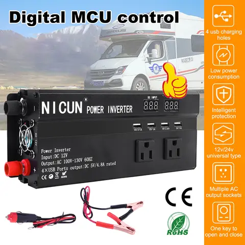 Car Power Inverter Pure Sine Wave DC 12V To AC 110V Solar Power Converter LCD 3 AC Outlets USB Port For Home Outdoor RV Car