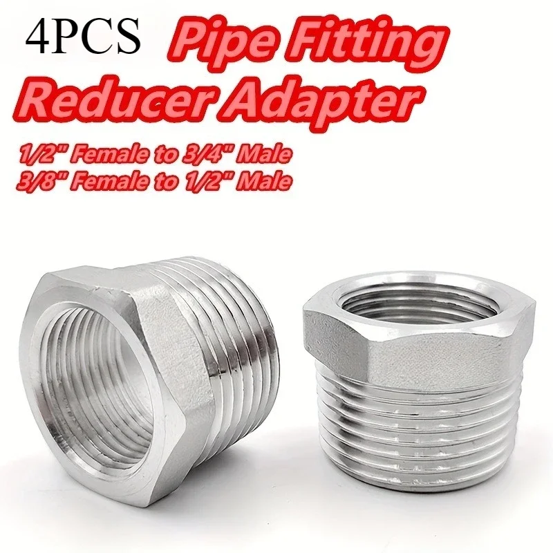 4pcs Stainless Steel Hex Bushing Pipe Reducer Adapters 1/2