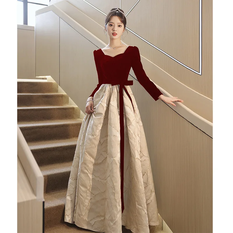 

Ele Long Sve Wedding Dr for Bridal Banquet Evening Gown Red Engagement Par Floor Length High Waist Princ Skirt